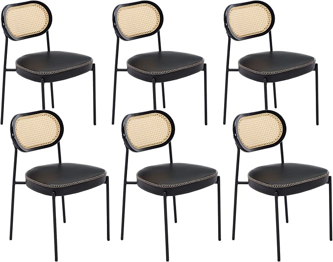 Rattan Dining Chairs Set of 6, Black Leather Upholstered Dining Chairs with Rattan Cane Back, Mid Century Modern Dining Room Chairs with Black Metal Legs & D-Shaped Thicken Cushion
