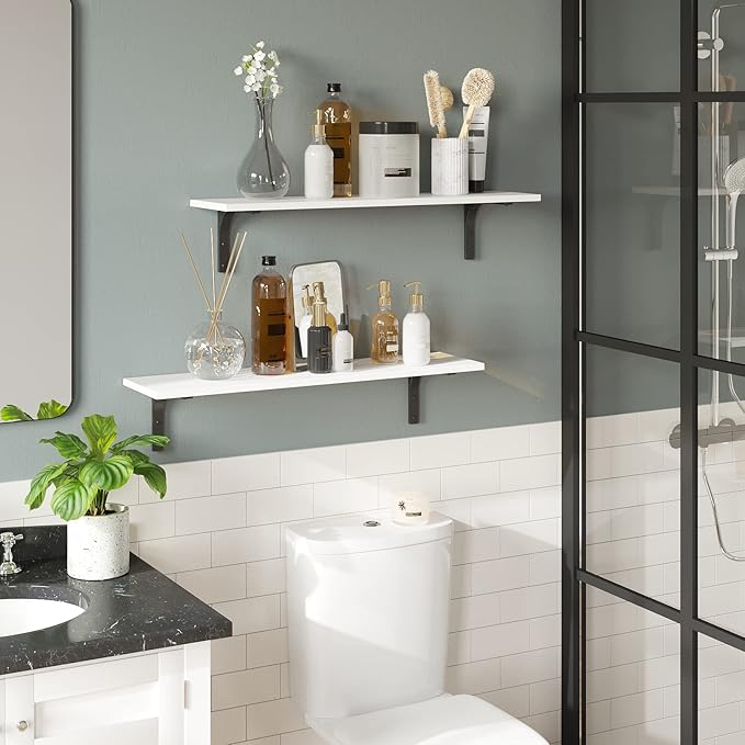 DINZI LVJ Long Wall Shelves, 23.6 Inch Wall Mounted Shelves Set of 2, Easy-to-Install, Floating Storage Ledges with Sturdy Metal Brackets for Living Room, Bathroom, Bedroom, Kitchen, White