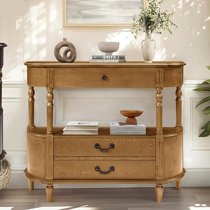HMFULE Retro Curved Console Table, 43" Solid Wood Half Moon Console Table Entryway Table Sofa Table with Open Shelf Curved Corners 3 Drawers Pine Roman Legs for Living Room,Hallway,Entryway,Brown