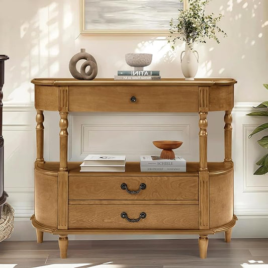HMFULE Retro Curved Console Table, 43" Solid Wood Half Moon Console Table Entryway Table Sofa Table with Open Shelf Curved Corners 3 Drawers Pine Roman Legs for Living Room,Hallway,Entryway,Brown