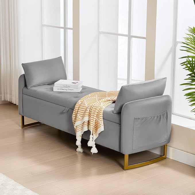 65" Storage Ottoman Bench for Bedroom, End of Bed Storage Bench King Size with Tufted Button Upholstered and Gold Legs, Bedroom Benches with Armrests for Living Room Window, Light Grey