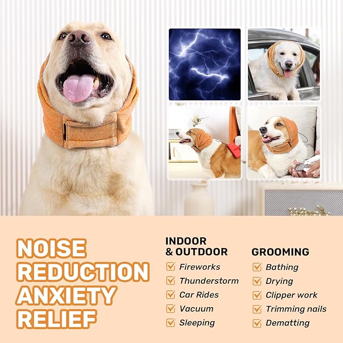 Dog Calming Hoodie, No Shake Ear Wraps for Dogs, Adjustable Dog Ear Muffs for Noise Protection, Ear Wrap Head Cover for Anxiety Relief & Hematoma (Vitality Orange, L(Head Circle:17.7"-23.6"))