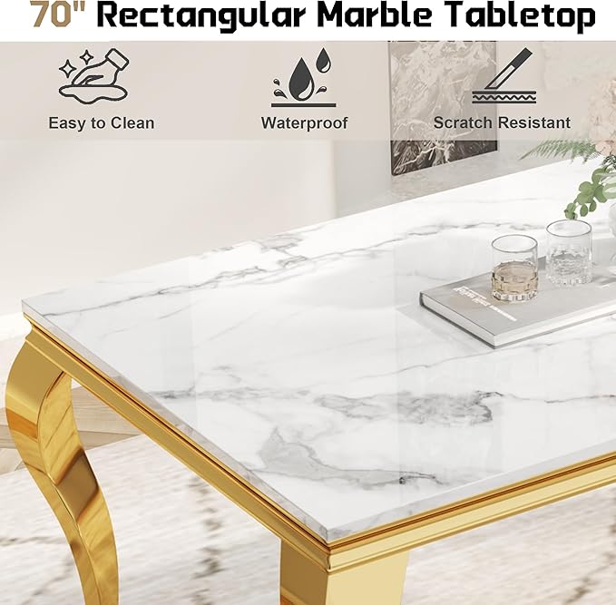 70" Large Marble Dining Table for 4-6 People, Modern Kitchen Table with Faux Marble top and Stainless Steel Legs, Perfect for Home Kitchen Living Room, White,Gold