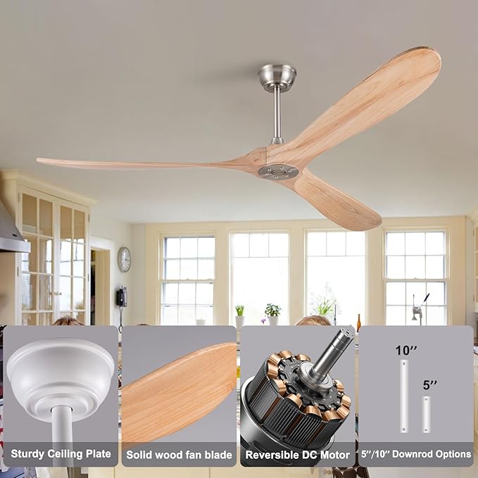 72 Inch Solid Wood Ceiling Fan with Remote,Outdoor Ceiling Fan no Light,6 Speeds,Noiseless,Reversible DC Motor,Modern Ceiling Fans without Lights for Bedroom Farmhouse Patios Study Brushed Nickel