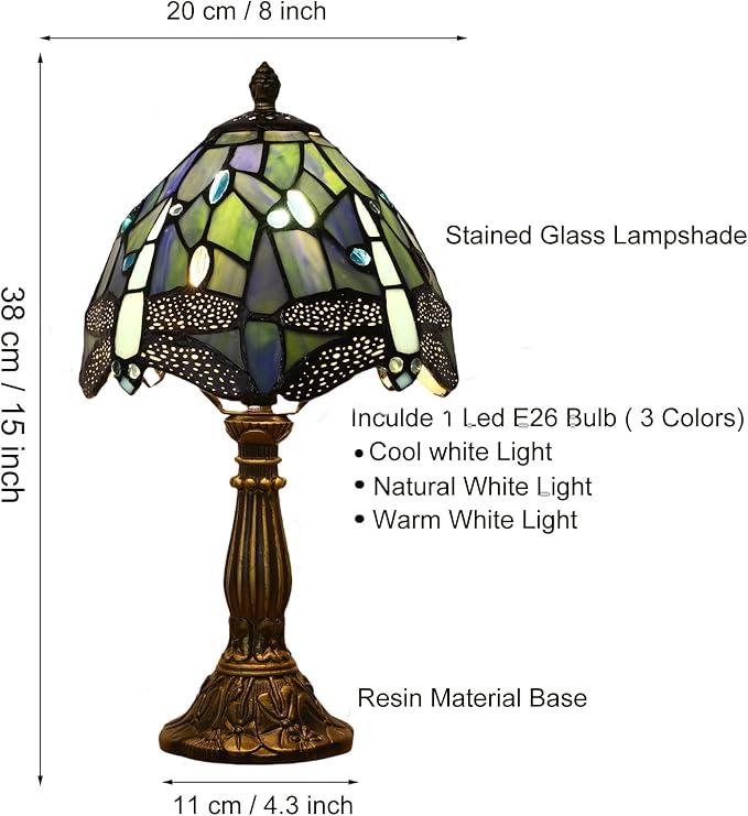 Tiffany Small Table Lamp,Blue Dragonfly Stained Glass 3 Color Temperature Antique Table Lamps,Bedside Nightstand Lamp for Bedroom,Living Room,Home Office+LED Bulb,8X8X15Inch