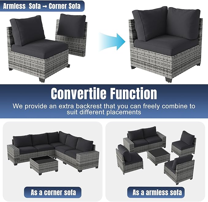 Aoxun 6 Pieces Patio Furniture Set Wicker Rattan Outdoor Sectional Conversation Set with Coffee Table and 4” Thickened Cushions, Gray Black (Waterproof Cover Included)