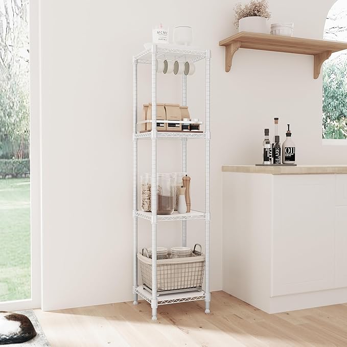 IZEUK 4 Tier Steel Storage Shelves, Adjustable Wire Shelving Unit for Kitchen, Bathroom, or Office Organization, Heavy Duty Metal Rack, 480 lbs Capacity, 11.8" D x 11.8" W x 47.3" H, White