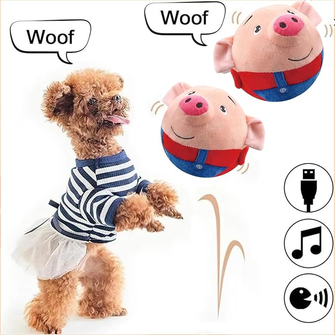 Active Moving Pet Plush Toy, Interactive Dog Toys Pet Bouncing Balls, USB Rechargeable Interactive Washable Cartoon Pig Plush Sound Electronic Dog Toy, Small Cute Squeaky Pig Dog Toy (Red)