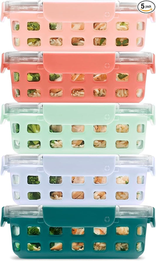 Ello Duraglass 3.4 Cup Meal Prep Sets 10Pc, 5 Pack Set- Glass Food Storage Container with Silicone Sleeve and Airtight BPA-Free Plastic Lids, Dishwasher, Microwave, and Freezer Safe, Melon