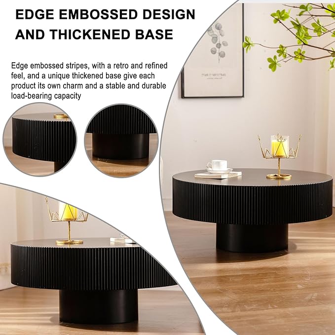 Round Coffee Table, Handcrafted Fluted Drum Coffee Tables Modern Wood Coffee Table Circle Drum Center Table for Living Room, Apartment (Black Thick)