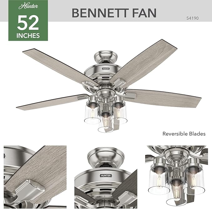 Hunter 52 inch Indoor Ceiling Fan with LED Lights and Remote Control - Standard Mount Ceiling Fan, 5 Blades, For Bedroom, Living Room, or Kitchen, Quiet - Bennett 54190, Brushed Nickel