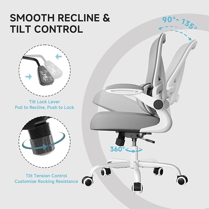Office Chair with Adjustable Lumbar Support, 330 LBS Home Office Desk Chair with Flip-up Armrests, Mesh Computer Chair for Long Day Use, White and Gray