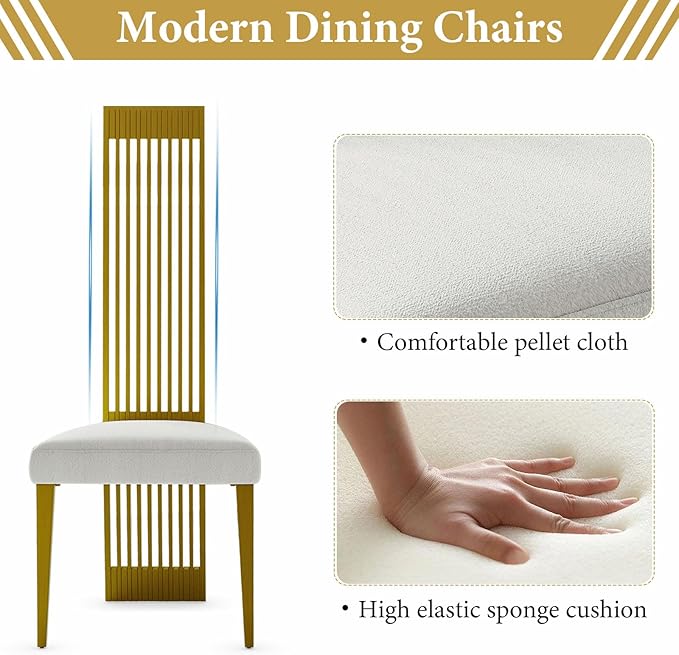 Modern Dining Chairs Set of 6, White Sponge Dining Room Chairs with Brushed Gold Stainless Steel Legs, Upholstered Chairs with High Back and Metal Legs for Living Room/Kitchen/Restaurant
