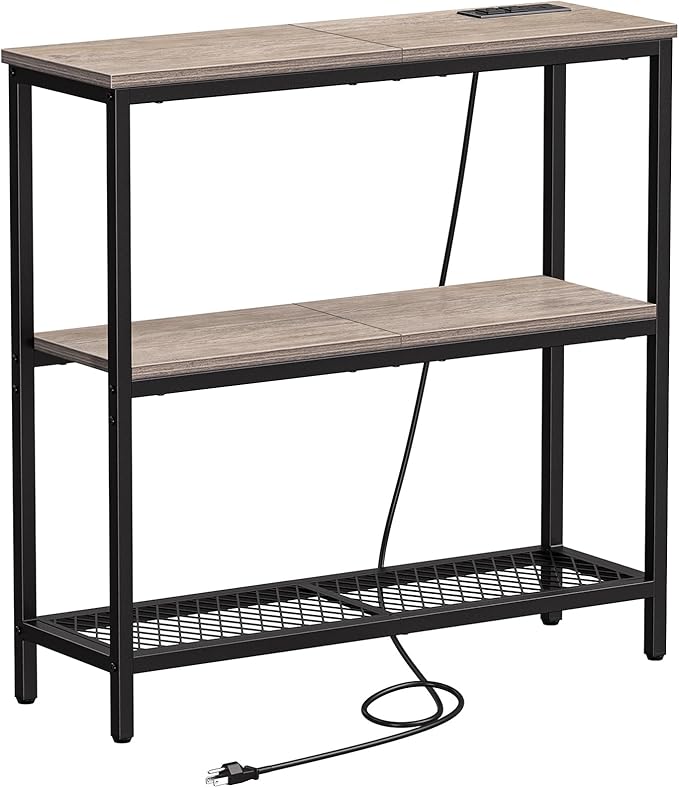 Snughome Console Table with Power Outlets, Entryway Table with Storage, Narrow Sofa Table with 3 Tier Shelves, 2 USB Ports, 2 Power Outlets, Hallway Table for Couch, Living Room, Entrance, Grey