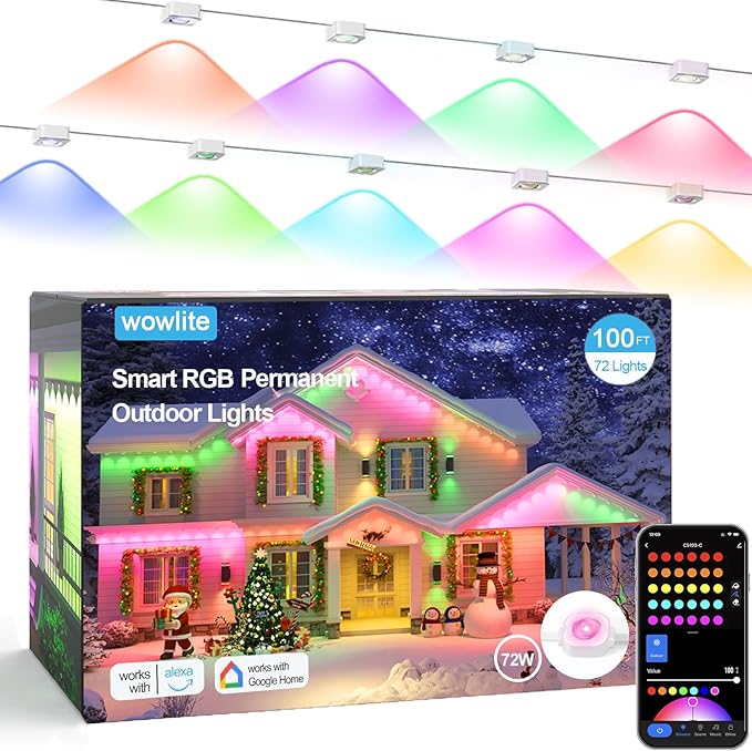 wowlite Permanent Outdoor Christmas Lights 100FT, RGB+IC Smart Eave Lights with 72 LEDs, IP67 Waterproof, 110+ Scene Modes for House, Daily & Holiday Decorations, Works with Alexa & Google