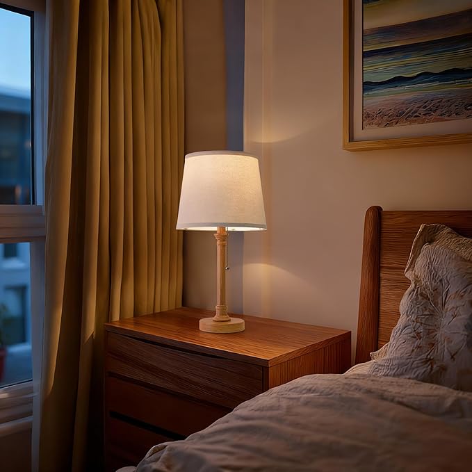 Oneach 19.5" Wood Grain Table Lamps Set of 2, Pull Chain Switch Bedside Table Lamps, Modern Nightstand Lamp with Linen Shade, Small Desk Lamp for Living Room, Bedroom, Home Office, Nursery