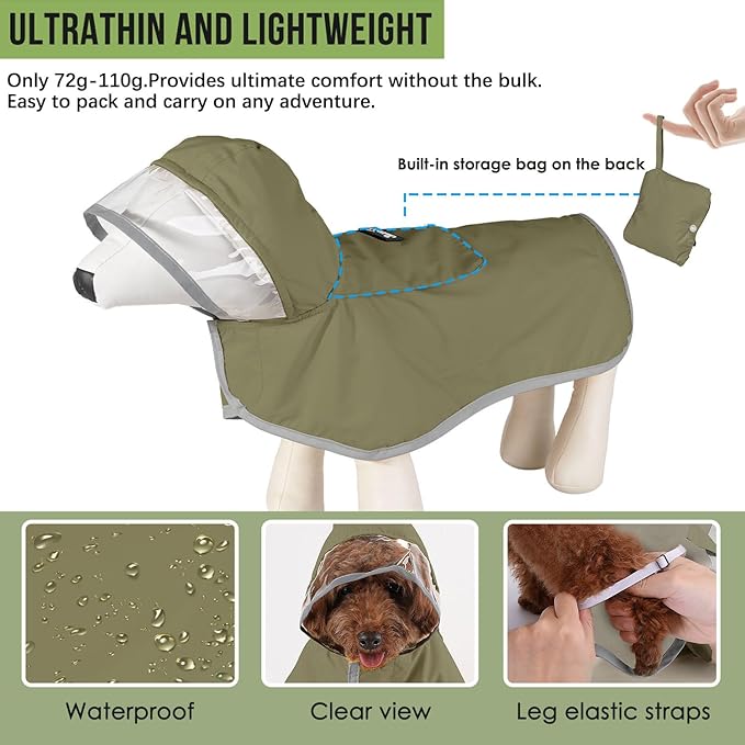 Lukovee Dog Raincoat - Lightweight Hooded Dog Rain Coat for Large Medium Small Dogs, Adjustable Poncho Jacket with Reflective Stripes & Built-in Storage Pocket (Green, Medium)