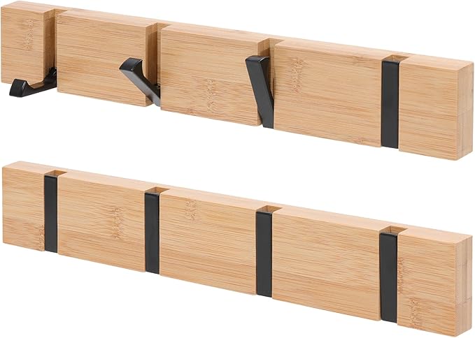 Wooden Wall Mounted Folding Coat Rack – Modern, Sleek Space-Saving Hanger for Entryway, Hallway, Living Room, Bedroom, Bathroom – Natural 4 Hooks(2 Pack)