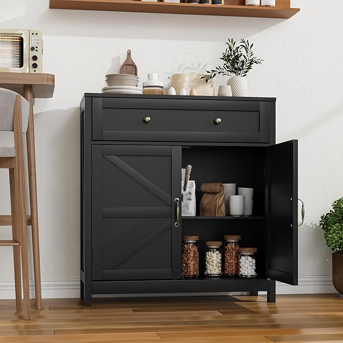 Buffet Sideboard with 2 Barn Doors,Black Kitchen Cabinet with Adjustable Shelf, Freestanding Floor Storage Cabinet