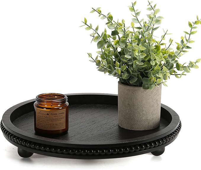 Wooden Beaded Decor Tray for Coffee Table, Rustic Wooden Trays Table Centerpieces, Decorative Trays for Home Decor Kitchen Table Farmhouse Serving Tray (Round Black)