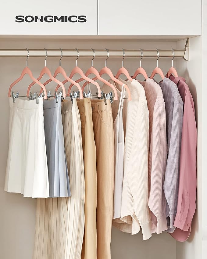 SONGMICS 30-Pack Pants Hangers, 16.7-Inch Long Velvet Hangers with Adjustable Clips, Heavy-Duty, Non-Slip Skirt Hangers, Space-Saving for Pants, Skirts, Coats, Dresses, Light Pink UCRF12PK30