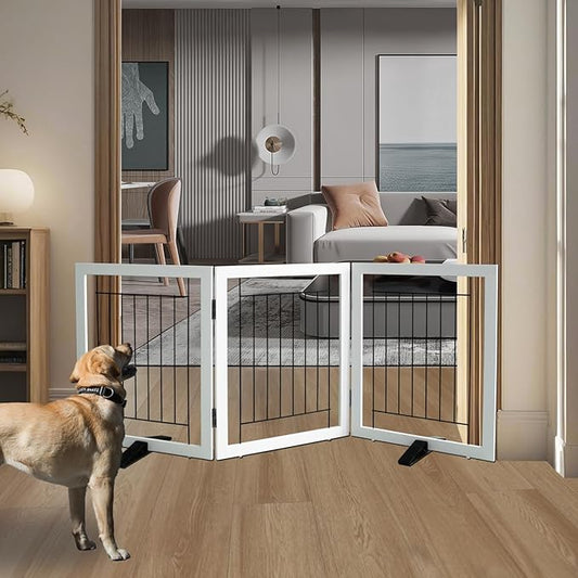 ZJSF Freestanding Dog Gate Indoor, Foldable Dog Fence for Doorways,Hallways or Stairs, Sturdy Wood Extra Wide Pet Gate with Support Feet,White,24 "Height-3 Panels