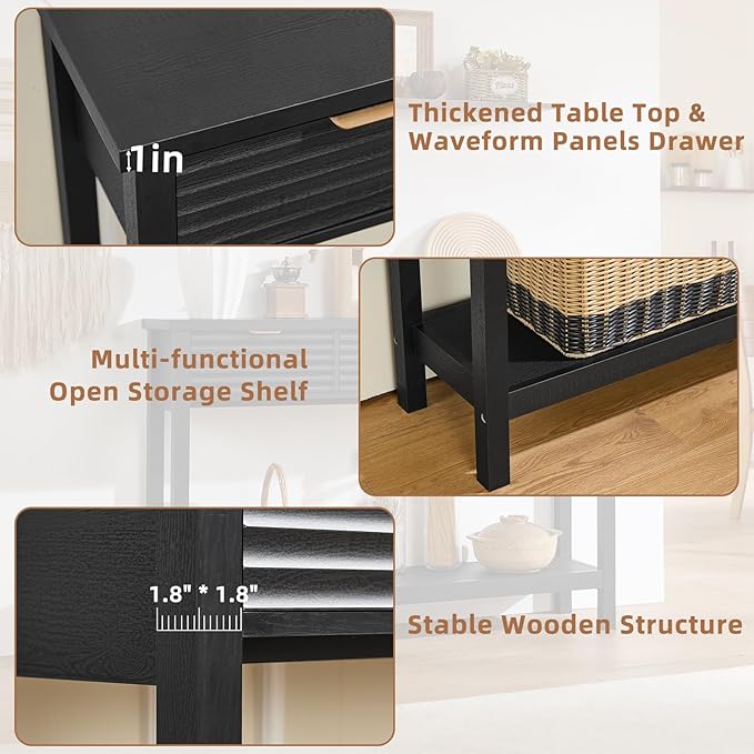LEYAOYAO Fluted 47.2" Console Table with 3 Drawers, Modern Wood 2 Tier Entryway Table with Open Storage Shelf, Boho Sofa Entry Tables Behind Couch for Living Room, Hallway, Entrance Foyer, Black Oak
