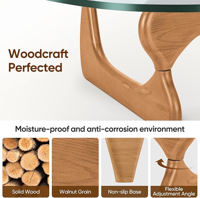 Mid Century Coffee Table Triangle Glass Coffee Table with Solid Wood Base and Thick Clear Glass Top Modern End Table for Living Room, Patio, Office, Light Walnut