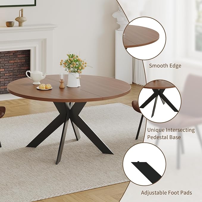 Walnut Round Dining Table Set for 4, Mid-Century Modern Kitchen Table and Chairs, Small Space Dining Room Furniture for Apartment, Breakfast Nook or Studio (Boxwood-Dining Table Only)