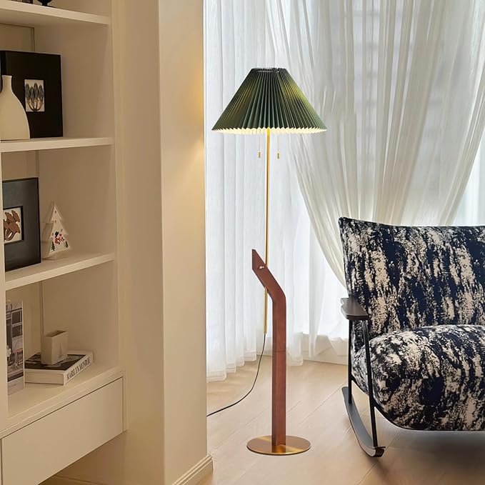 Floor Lamps for Living Room,Mid Century Modern Wood Floor Lamp,Height Adjustable Study Room,Bedroom,Office Vintage Tall Standing Glod Floor Lamp,Green Pleated Lampshade