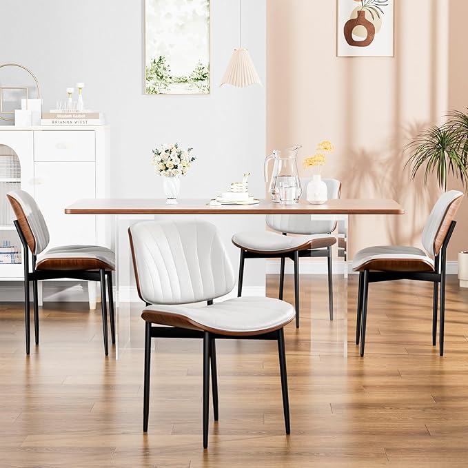 Dining Chairs Set of 6, Dining Room and Kitchen Chairs, FSC Certified Mid Century Modern Accent Chair, Upholstered PU Leather Chairs for Vanity with Walnut Bentwood and Metal Legs, White