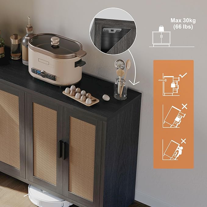 Mericonia Rattan Buffet Cabinet with Storage, Sideboard with Doors, TV Stand, Farmhouse Side Board Coffee Bar, Modern Wood Storage Cabinets for Livingroom, Kitchen and Dining Room (Black)