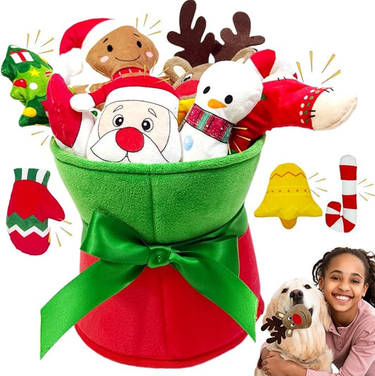 11pcs Set Christmas Dog Toys with Crinkle Flower Toys, Xmas Interactive Plush Dog Toys, Dog Enrichment Chew to Keep Them Busy, Dog Toy for Small Medium Large Puppuy Size