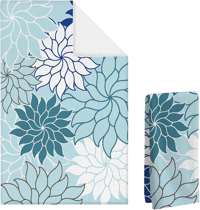 Boho Floral Abstract Waffle Towels, Flower Hand Towel for Bathroom Decor, 16x24 Inch Neutral Blue Flower Dish Tea Towel Decor for Kitchen/Bath/SPA,Gift for Friends.