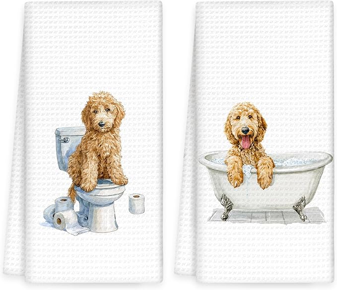 Funny Goldendoodle Dog Hand Towels Set of 2, Gifts for Golden Doodle Dog Owners Lovers, Goldendoodle Decor for Bathroom, Pet Lovers Gifts Toilet Hand Towels for Bathroom Washroom, 16x24In