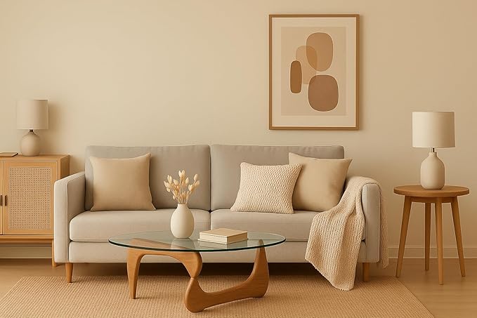 Mid Century Coffee Table Triangle Glass Coffee Table with Solid Wood Base and Thick Clear Glass Top Modern End Table for Living Room, Patio, Office, Light Walnut