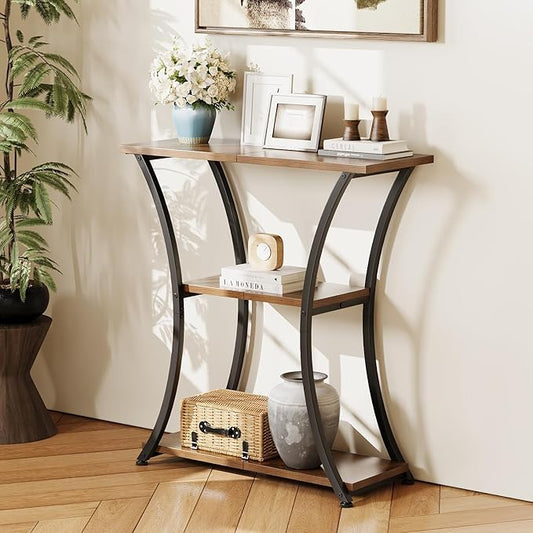 Rustic 3-Tier Console Table with Open Shelves Narrow Entryway Table with Curved Metal Frame Slim Sofa Table for Hallway Living Room or Foyer (Rustic Brown)