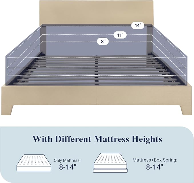 Allewie Full Size Bed Frame with Adjustable Headboard, Upholstered Platform Bed with Wood Slats, Heavy Duty Mattress Foundation, No Box Spring Needed, Noise-Free, Easy Assembly, Beige
