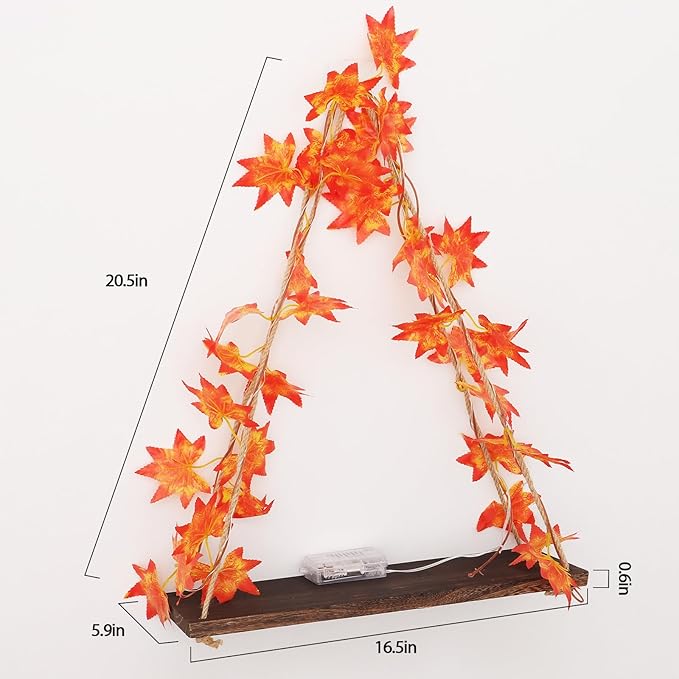 Floating Shelves for Wall, Hanging Shelves with Artificial Maple Leaves LED String Light, No Drilling Hanging Shelf, Wood Hanging Plant Shelves for Wall Décor, Boho Decor, Art Bedroom