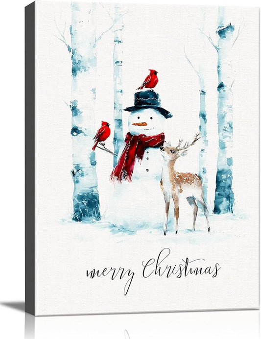 Christmas Snowman Canvas Wall Art - Rustic Winter Scene Framed Print for Farmhouse Living Room, Cozy Christmas Wall Decor, Ideal Christmas Gifts & Festive Decorations