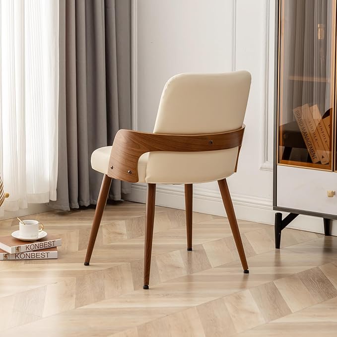 Dining Room Chairs,Mid Century Modern Kitchen Chair,Upholstered Faux Leather Accent Chairs,Metal Legs Wooden Desk Chair,Armless and No Wheels for Kitchen Dining,Beige PU,1PCS