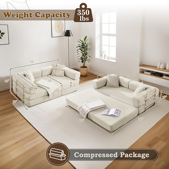 Antetek Convertible Futon Sofa Bed, 3-Seater Modern Corduroy Foam Floor King Size Bed Fold Out Sleeper Lounge Loveseat Sofa Couch with 2 Throw Pillows for Living Room Bedroom Guest Room, Beige