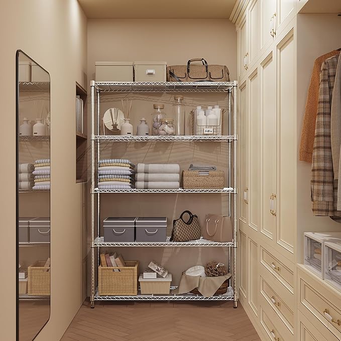 MZG 1750 lbs 5 Tier Storage Rack Metal Wire Shelving Unit, Storage Standing Household Shelf Organizer for Kitchen Pantry Closet Garage Basement Utility Room, Chrome 15.7" D x 45.3" W x 70.4" H