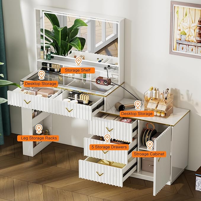 57“Makeup Vanity Desk with Mirror and Lights, Vanity Desk with 5 Drawers & Storage Shelves, Vanity Table with Power Outlet, 3 Color Modes & Adjustable Brightness Dressing Table, Bedroom,White