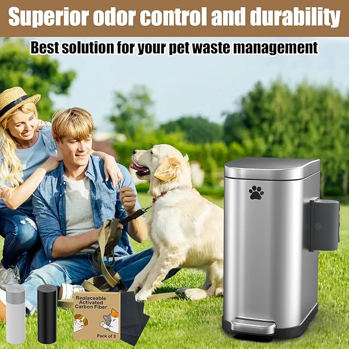 Dog Poop Trash Can Outside with Odor Control Lid & Step Pedal, 3.2Gal Stainless Steel Outdoor Trash Can, Waterproof Dog Waste Container - Includes 3 Carbon Filters & Bin Bag Holder