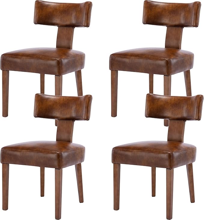 Set of 4 PU Leather Upholstered Side Chairs, Modern Kitchen Armless Parson Chairs Solid Wood Dining Chairs, Brown