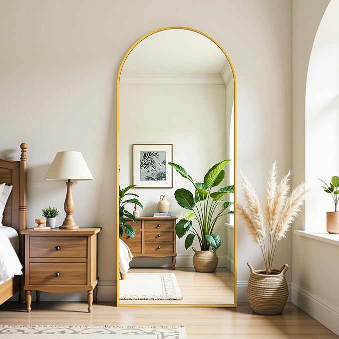 Full Length Mirror, 65"x22" Oversized Floor Mirror Freestanding, Full Body Mirror Floor Standing Mirrors with Stand, Hanging Mounted Mirrors for Bedroom Living Room, Gold, Arched Style