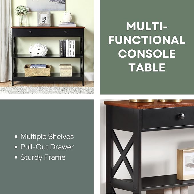 Convenience Concepts Oxford 1 Drawer Console Table with Shelves, Cherry/Black