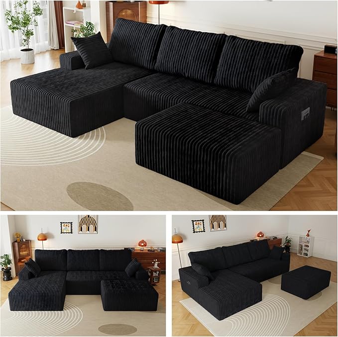 108" U Shaped Sectional Couch with Ottoman, Corduroy Modular Sectional Sofa with Deep Seat, Modern Modular L-Shape Sofa Couch with Chaise,Upholstered Boneless Couches for Living Room Bedroom