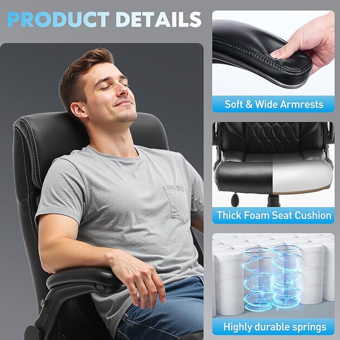 Heavy Duty High-Back Office Chair, Ergonomic Home Computer Chair with Lumbar Support & Tilt Lock, Big and Tall Executive Office Chairs for Work, Black